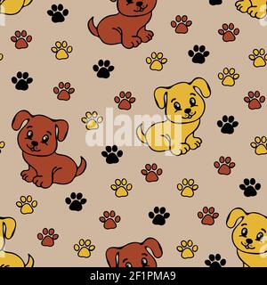 Pattern vettoriale senza cuciture con simpatici cuccioli e impronte su sfondo marrone chiaro. Animale cane carta da parati disegno. Illustrazione Vettoriale