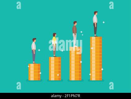 Popoli in piedi su pile di monete come grafico in su. Illustrazione vettoriale Illustrazione Vettoriale