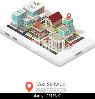 Servizio taxi mobile design isometrico con edifici urbani in piedi illustrazione vettoriale dei puntatori dello smartphone e della mappa Illustrazione Vettoriale