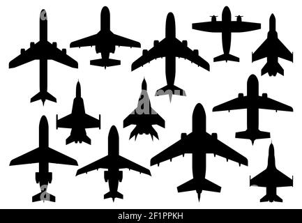 Silhouette di aerei da combattimento civili e militari. Compagnia aerea aereo di linea moderna, jet privato e esercito aerei militari combattenti o bombardieri, prop Illustrazione Vettoriale