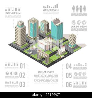 Uffici edifici infografiche isometriche con grattacieli e fabbriche strade e. grafici di trasporto e illustrazioni vettoriali di testo Illustrazione Vettoriale