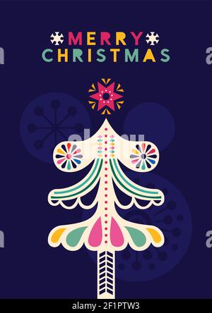 Allegro biglietto di auguri natalizi illustrazione di un colorato albero di pino invernale con ornamenti a stella in stile di arte popolare moderna. Astratto geometrico scandinavo Illustrazione Vettoriale