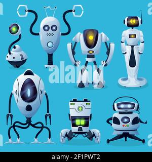 Robot alieni, droidi del futuro e la vita robotica formano i personaggi. Androidi con mani e gambe umanoidi, artigli e tentacoli, assistente di casa con ai mov Illustrazione Vettoriale