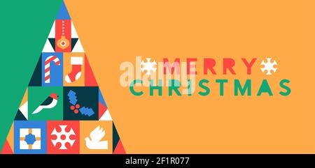 Allegro Natale banner web illustrazione di xmas pino con icone stagione invernale in colorato stile geometrico piatto. Moderno design scandinavo incluso Illustrazione Vettoriale
