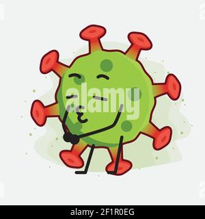 Illustrazione vettoriale del carattere verde del virus con il viso carino, le mani semplici e l'arte della linea della gamba su sfondo isolato. Stile doodle a fumetti piatti. Illustrazione Vettoriale