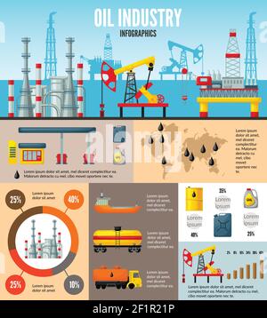 Modello infografico dell'industria petrolifera con processi di estrazione del trasporto della produzione illustrazione del vettore di conservazione e raffinazione del petrolio Illustrazione Vettoriale