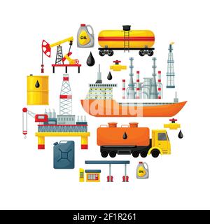 Concetto di estrazione dell'olio con elementi di produzione colorati per il trasporto industriale e. icone illustrazione vettoriale isolata Illustrazione Vettoriale