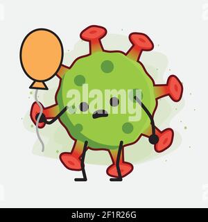 Illustrazione vettoriale del carattere verde del virus con il viso carino, le mani semplici e l'arte della linea della gamba su sfondo isolato. Stile doodle a fumetti piatti. Illustrazione Vettoriale