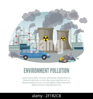 Modello Cartoon inquinamento ambientale con centrale nucleare di fabbrica di automobili e l'illustrazione del vettore di scarto Illustrazione Vettoriale