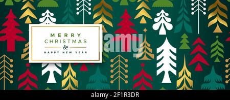 Allegro Natale felice Capodanno saluto banner illustrazione, arte popolare retro decorazione pino albero in oro di lusso e colore verde. Vintage metà secolo s. Illustrazione Vettoriale
