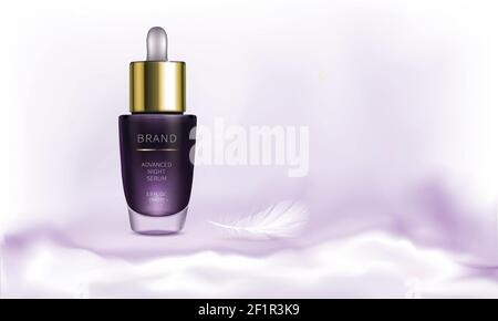 Prodotto cosmetico notturno per la cura della pelle del viso vettore realistico. Il flacone per pipette viola con siero rivitalizzante si trova su una nuvola bianca soffice vicino alla piuma. Promo cosmetica intelligente Illustrazione Vettoriale