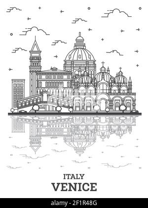 Profilo Venezia Italia skyline della città con edifici storici e riflessi isolati su Bianco. Illustrazione vettoriale. Paesaggio urbano di Venezia con monumenti storici. Illustrazione Vettoriale