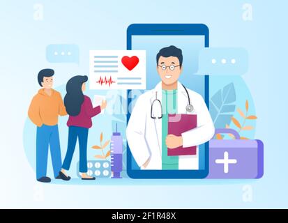 Il medico consulta i pazienti online tramite l'applicazione mobile sullo smartphone in stile piatto. La famiglia ottiene la consultazione dal cardiologo. Supporto farmaceutico, concetto di medicina o servizi sanitari medici. Illustrazione Vettoriale