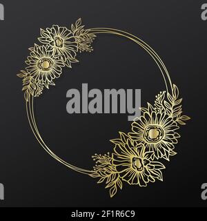 Fiori girasole cornice wreath circle.Ink linea style.Flower foglia botanica rotondo design. Illustrazione Vettoriale