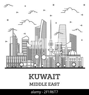 Delineare il Kuwait City Skyline con moderni edifici isolati su bianco. Illustrazione Vettoriale. Kuwait Cityscape con punti di riferimento. Illustrazione Vettoriale