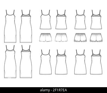 Set di abiti chemise camisole Sleepwear Pajama pantalone tecnico moda illustrazione con pizzo, oversize, collo a paletta. Capo di abbigliamento piatto, colore bianco sul retro. Donne, uomini unisex CAD mockup Illustrazione Vettoriale