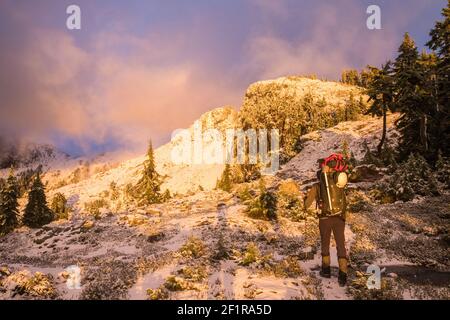 Vista posteriore del backpacking escursionistico nel Parco Provinciale di Pinecone Burke. Foto Stock