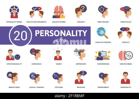 Set di icone personalità. Contiene icone modificabili tema di personalità come dispute e argomenti, curiosità, dialogo interiore e altro ancora. Illustrazione Vettoriale