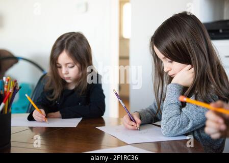 Due giovani ragazze che si siedono ad un tavolo che fa il lavoro scolastico. Foto Stock