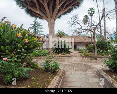 Teror, Gran Canaria, Isole Canarie, Spagna 21 dicembre 2020: Vista del piccolo cortile giardino nel centro della città storica Teror, spagnolo tradizionale Foto Stock