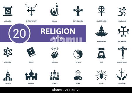 Set di icone religione. Contiene icone modificabili tema religioso come il cristianesimo, il cattolicesimo, l'induismo e molto altro. Illustrazione Vettoriale