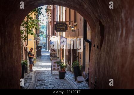 Vicolo su Gåsgränd, Gamla Stan, Stoccolma, Svezia. Foto Stock