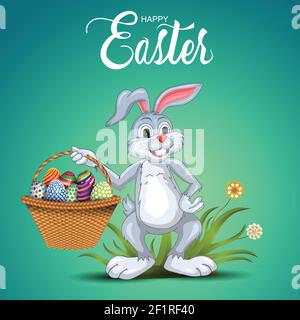 Auguri di buona Pasqua. Tenendo un cestino divertente dell'uovo di coniglio nella sua mano. Disegno di illustrazione del vettore Illustrazione Vettoriale