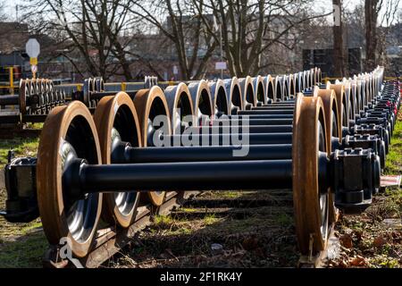 Set di ruote per veicoli ferroviari, manutenzione e sostituzione, Herne, NRW, Germania Foto Stock