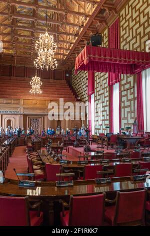 La Sala del Consiglio (Rådssalen) nello Stadshuset o Stockholms stadshus (Municipio), Stoccolma, Svezia. Foto Stock