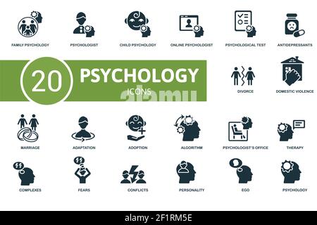 Insieme di icone di psicologia. Contiene icone modificabili tema psicologia come psicologo, psicologo online, antidepressivi e altro ancora. Illustrazione Vettoriale