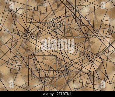 Splendido sfondo astratto sull'oro. Linee geometriche nere, forme su sfondo dorato lucido. Design astratto contemporaneo. Illustrazione Foto Stock