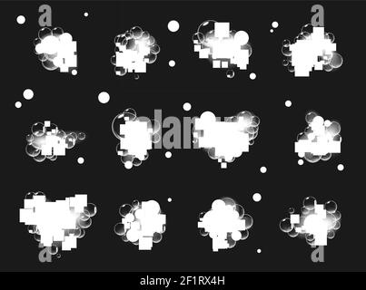 Pezzi di schiuma di sapone con bolle isolate su fondo nero. Shampoo frizzante e laccio da bagno illustrazione vettoriale. Illustrazione Vettoriale