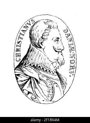Illustrazione del XIX secolo di un ritratto di Cristiano IV, Re di Danimarca e Norvegia. Nato il 12 aprile 1577 a Hilerod, Danimarca, Christian IV morì Foto Stock