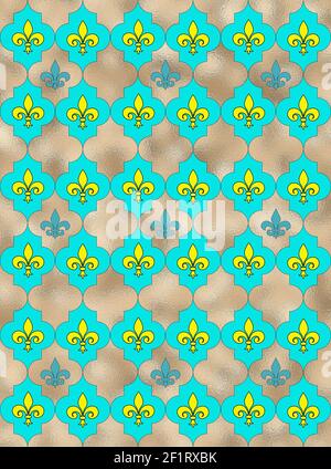 Fondo giglio senza cuciture fleur de Lis. Blu turchese argento lucido modello con simbolo araldico fleur-de-lis. Moderno modello astratto. Illustrazione 3D Foto Stock