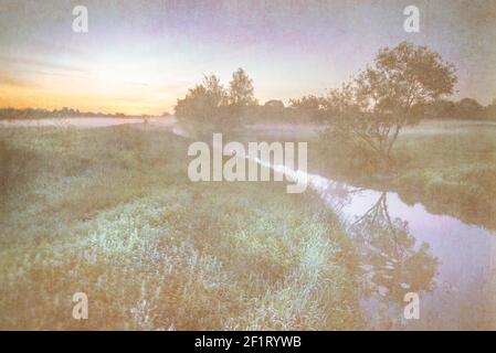 La prima mattina luce del sole sul fiume Arun vicino a Henfield nel Sussex occidentale con nebbia e alberi silhouette e riflessi sull'acqua. Foto Stock