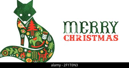 Buon Natale retro arte banner web folk. Decorazioni tradizionali nordiche in volpe acquerello per inviti di vacanza o saluti stagionali. Incluso Illustrazione Vettoriale