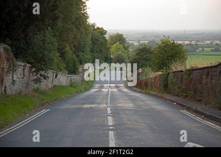 Alberato fiancheggiato strada di campagna inglese, la A4095, lasciando Faringdon, Oxfordshire, circa per entrare un limite di 50 mph con avvertenze per gli animali selvatici Foto Stock