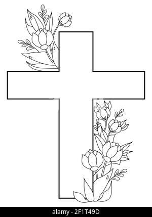 Pasqua, Cristo è risorto. Cartolina - Grande Croce, intrecciata con un bouquet di fiori, boccioli e foglie con gocce di rugiada. Vettore. Ornamento, linea nera, outli Illustrazione Vettoriale