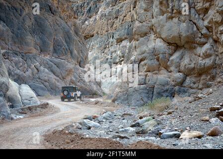 Veicolo a quattro ruote motrici che attraversa il Titus Canyon, la Death Valley, California Foto Stock