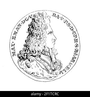 Antica illustrazione di un ritratto di Massimiliano II, governatore della Baviera ed elettore del Sacro Romano Impero. Nato il 11 luglio 1662 a Monaco, Germania, Foto Stock