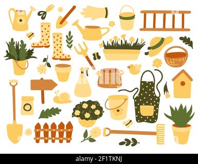 Giardinieri attrezzatura Set di oggetti necessari per il giardinaggio e l'agricoltura illustrazioni vettoriali isolate in stile piatto disegnate a mano. Collezione di attrezzi da giardino Illustrazione Vettoriale