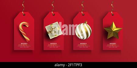 Allegro Natale felice Capodanno oro 3D biglietto d'auguri illustrazione set. Ornamenti d'oro di lusso realistici, scatola regalo e canna da zucchero con festa Illustrazione Vettoriale