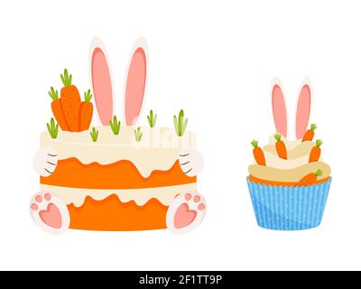 Torta di carote e cupcake con spighe conigliate. Illustrazione vettoriale. Illustrazione Vettoriale