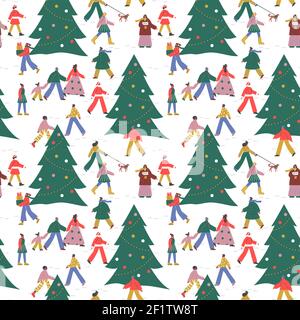 Illustrazione del modello senza giunture di Natale, persone diverse che camminano nel paesaggio invernale della neve con l'albero di pino di Natale. Il background delle vacanze sociali include chari Illustrazione Vettoriale
