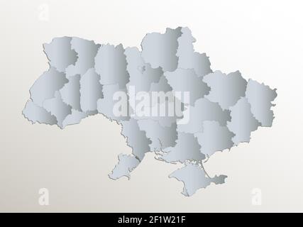Mappa Ucraina, divisione amministrativa con i nomi, carta bianca blu carta 3D vuoto Foto Stock