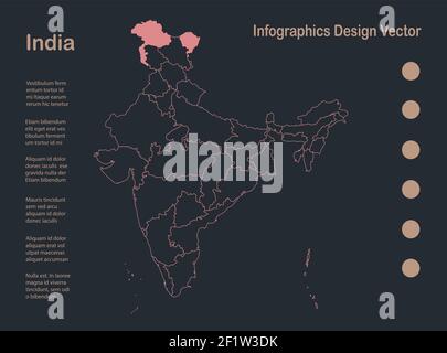 Infografica Mappa India contorno, disegno piatto, colore blu vettore arancione Illustrazione Vettoriale