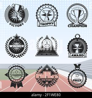 Etichette Vintage sport Rewards con diversi premi e premi sullo sfondo dell'arena dello stadio, illustrazione vettoriale isolata Illustrazione Vettoriale