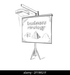 Modello di schizzo della presentazione aziendale con elementi strategici che si disegnano sulla lavagna immagine vettoriale isolata su sfondo bianco Illustrazione Vettoriale