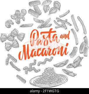 Elementi alimentari italiani composizione rotonda con diversi tipi di pasta e maccheroni nell'illustrazione vettoriale isolata in stile schizzo Illustrazione Vettoriale