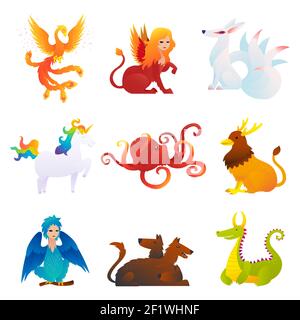 Creature mitiche e fantastiche insieme con phoenix sfinge kitsune unicorn kraken griffin arpia cerbero drago isolato illustrazione vettoriale Illustrazione Vettoriale